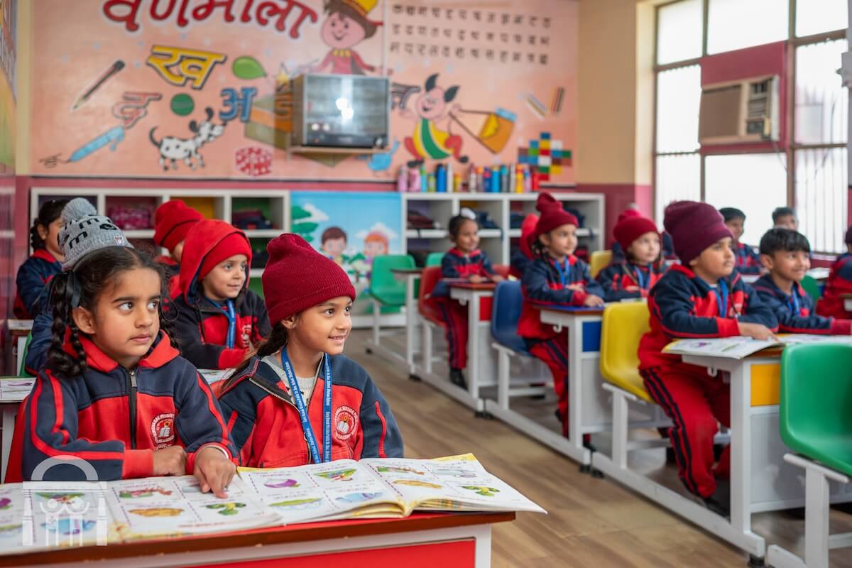 Kindergarten children in a classroom at Guru Nanak Mission Public School in Dhahan Kaleran, Punjab