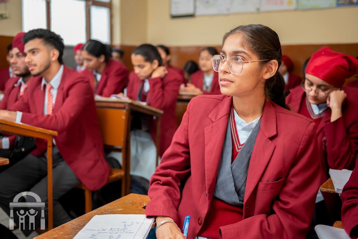 Student at front of room at GNM Public Senior Secondary School Dhahan Kaleran, SBS Nagar, Punjab, India